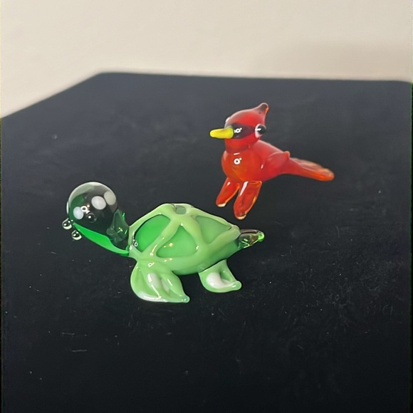 Miniature Lampwork Art Glass Red Cardinal Green Turtle Vintage Animal Figurines - Picture 3 of 6